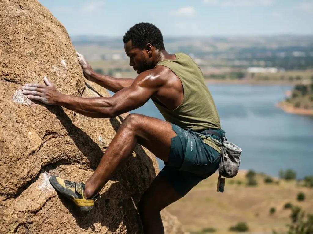 Climber on Dakota sandstone compression problem at Horsetooth Reservoir Rotary Park, Front Range bouldering