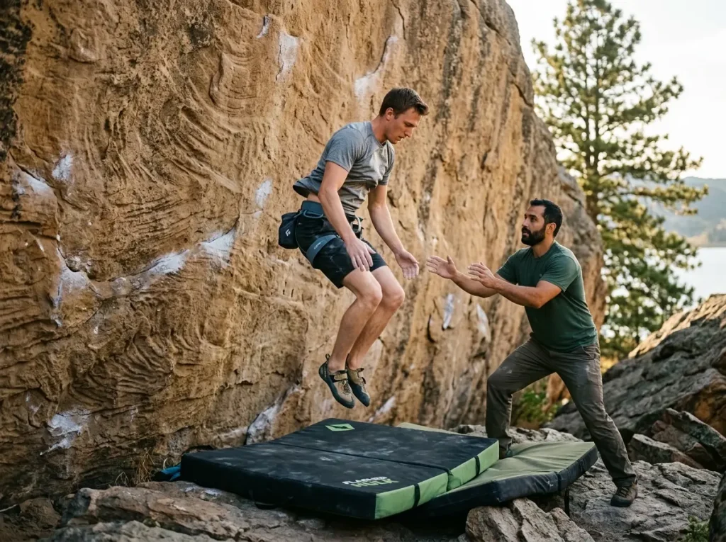 Spotter guiding boulderer onto crash pad at Horsetooth Reservoir highball, Front Range bouldering safety
