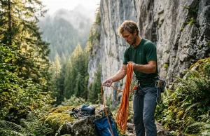 4 Ways Climbers Spread Invasive Species Unknowingly Climber sorting gear at a green crag, an area where climbers spread invasive species unknowingly.
