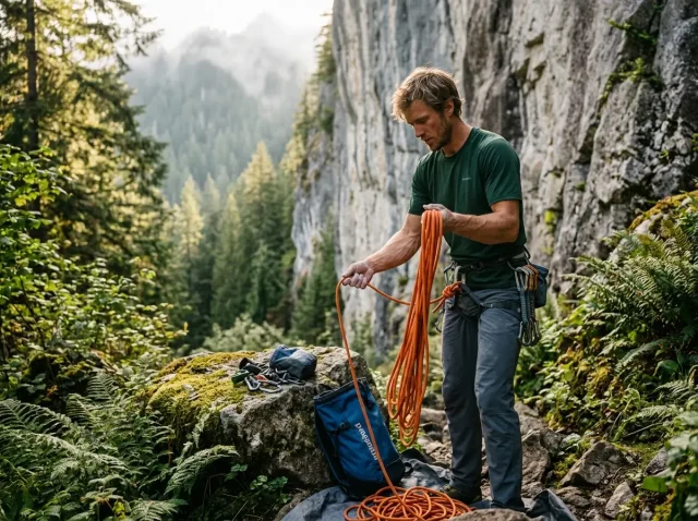 how-climbers-spread-invasive-species-unknowingly Climber sorting gear at a green crag, an area where climbers spread invasive species unknowingly.