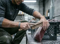 How to Clean Climbing Holds Without Wrecking Them Routesetter scrubbing a polyurethane climbing hold with a stiff brush — how to clean climbing holds properly
