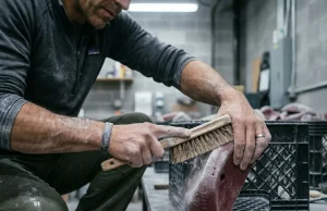 How to Clean Climbing Holds Without Wrecking Them Routesetter scrubbing a polyurethane climbing hold with a stiff brush — how to clean climbing holds properly