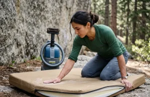 How to Clean Crash Pads Without Wrecking the Foam Climber performing palm-drag inspection on Organic Climbing crash pad at granite bouldering area