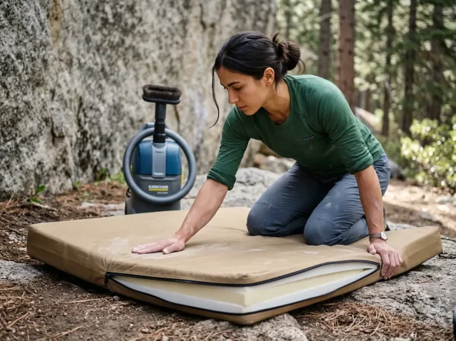 how-to-clean-maintain-crash-pads-inspection Climber performing palm-drag inspection on Organic Climbing crash pad at granite bouldering area