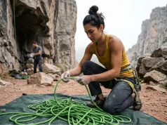 Why Your Rope Pigtails and How to Flake It Right Female climber demonstrating how to flake a rope properly technique at the crag