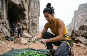 Why Your Rope Pigtails and How to Flake It Right Female climber demonstrating how to flake a rope properly technique at the crag