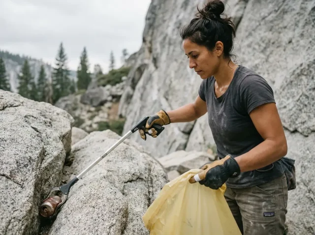 how-to-organize-climbing-cleanup-day Volunteer using a grabber to safely remove trash during a climbing cleanup day