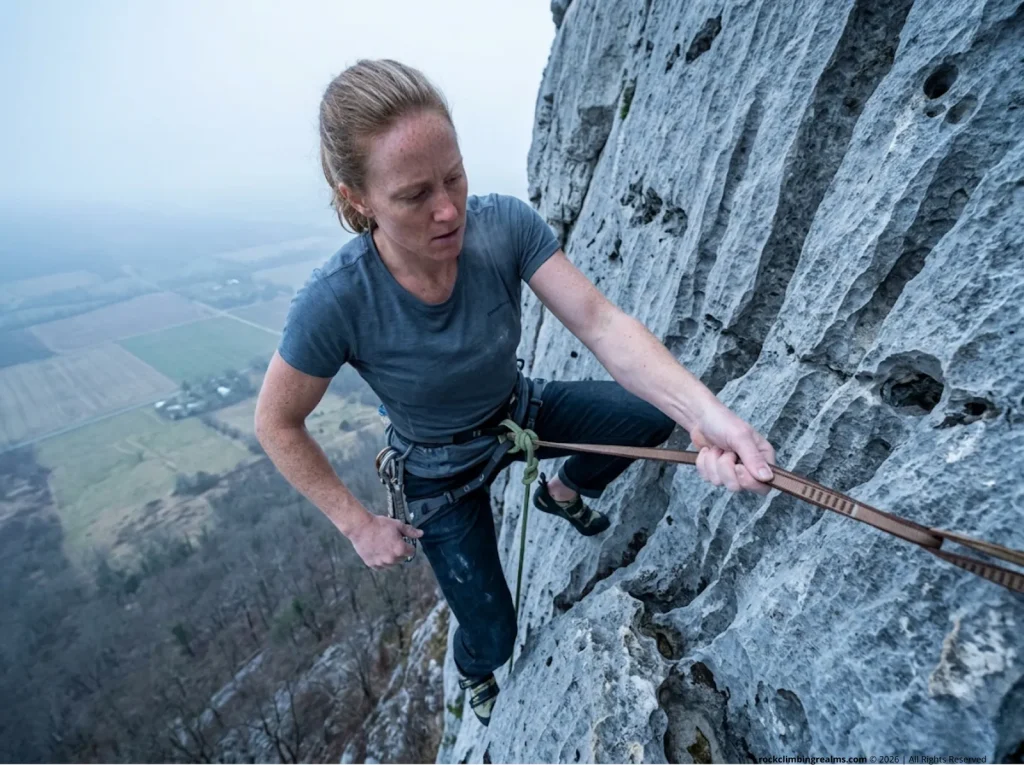 Female climber setting the gear, an essential step in learning how to place tricams effectively on a limestone crag.