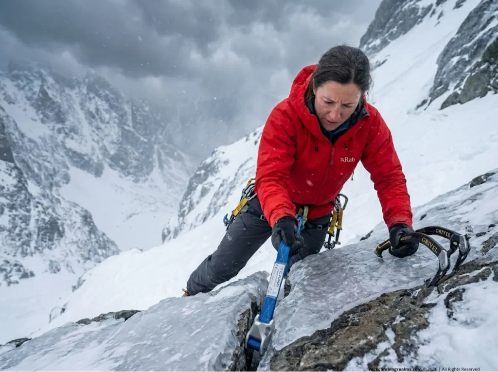 An alpinist showing how to place tricams effectively through thin ice on a treacherous mixed alpine route.