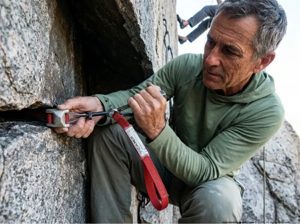 A climber extracting stuck gear during a lesson on how to place tricams effectively and remove them.