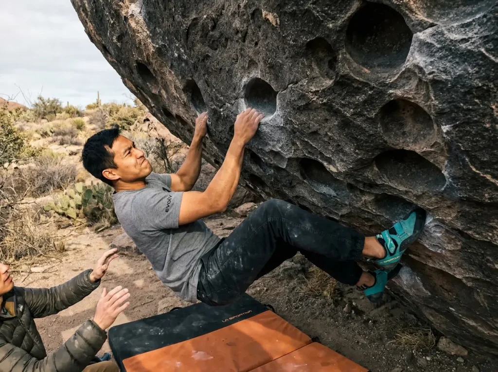 Boulderer on classic hueco pockets problem at Hueco Tanks Texas in winter conditions