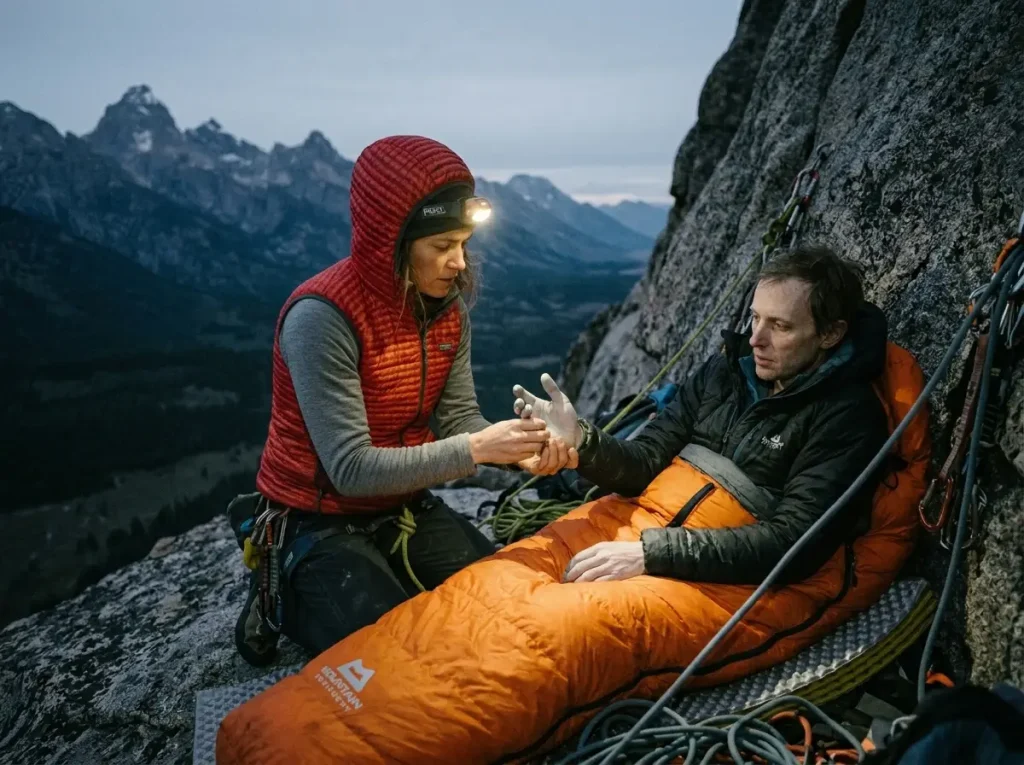 Climber checking partner's motor coordination for hypothermia signs during alpine bivouac emergency