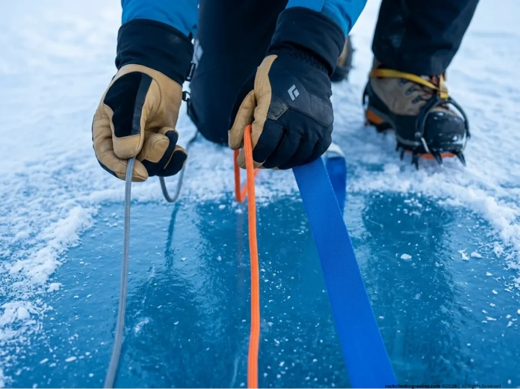 Comparison of ice anchor cord diameters 6mm vs 7mm vs 14mm webbing showing surface area difference