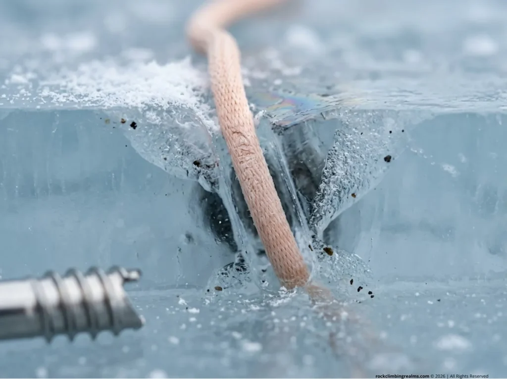 Close-up of degraded ice anchor thread showing UV-damaged cord and sublimation around ice channels