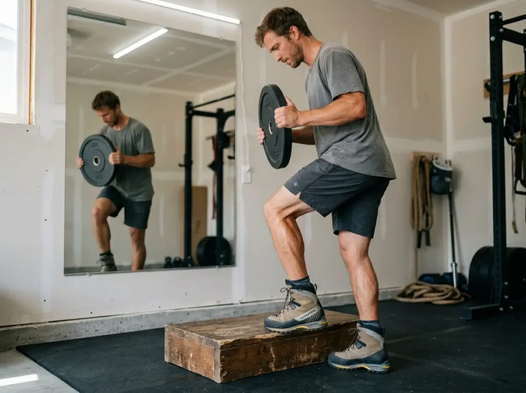 Climber performing B3 mountaineering boot calf raises on a step for ice climbing calf endurance training 