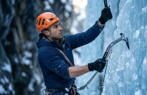 8-Week Ice Climbing Fitness Training Plan Field-Tested Ice climber executing precise wrist-driven Petzl Nomic swing on a steep WI4 blue ice pillar