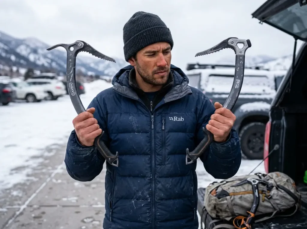 Climber comparing Petzl Nomic and Cassin X-Dream ice tools side by side for anti-sell gear analysis