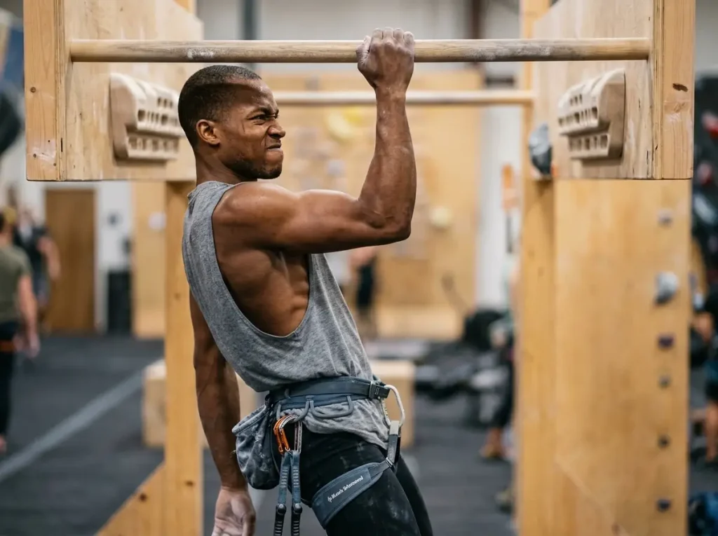 Climber performing one-arm lock-off training with active scapular engagement for ice climbing strength     