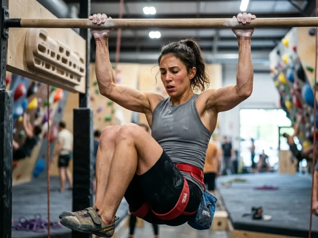 Female climber performing hanging leg raises to failure during the Ice-Beast power endurance training circuit