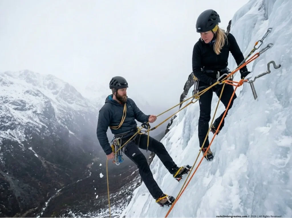 First climber rappelling with ice screw backup clipped to rope showing proper unweighted backup protocol