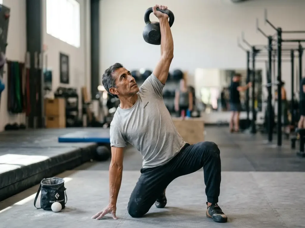 Experienced climber performing a Turkish Get Up with kettlebell for shoulder stability and scapular prehab