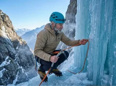 4 V-Thread Mistakes That Get Climbers Hurt Ice climber threading cord through blue ice V-thread anchor at alpine waterfall in winter