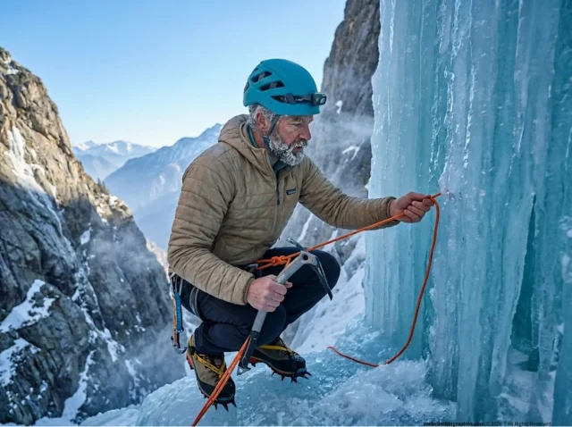 ice-climbing-v-thread-anchor-construction Ice climber threading cord through blue ice V-thread anchor at alpine waterfall in winter
