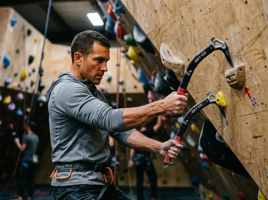 Climber practicing wrist-driven ice tool swing technique with Furnace Industries DRY ICE Evolution in drytool gym