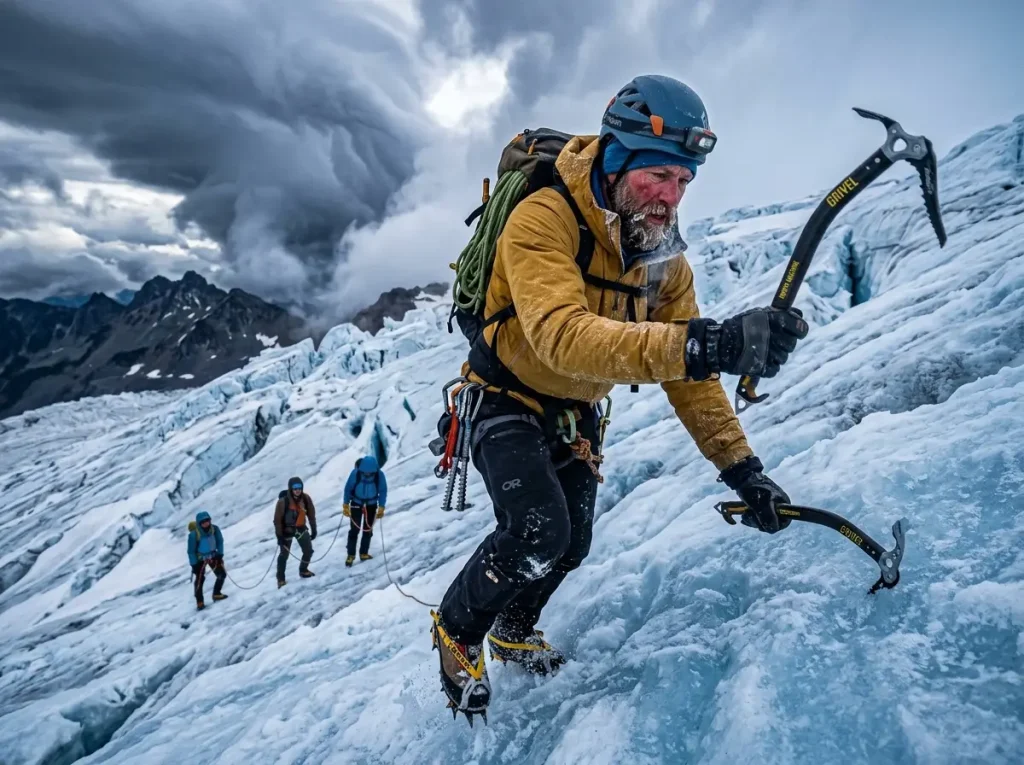 Certified alpine guide leading clients across a steep glacier for the IFMGA mountain guide program track