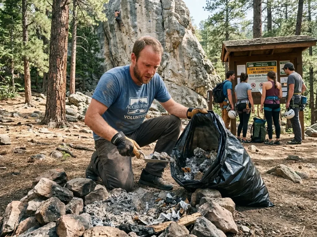 Volunteer dismantling an illegal fire ring to prevent access loss from campfire neglect.