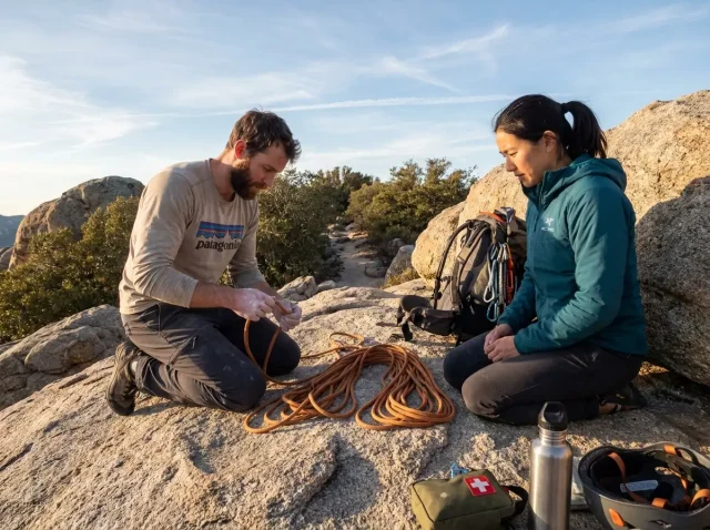 improvised-stretcher-climbing-accident-rope-litter-hero Two climbers constructing a rope litter to evacuate an injured partner on a rocky trail