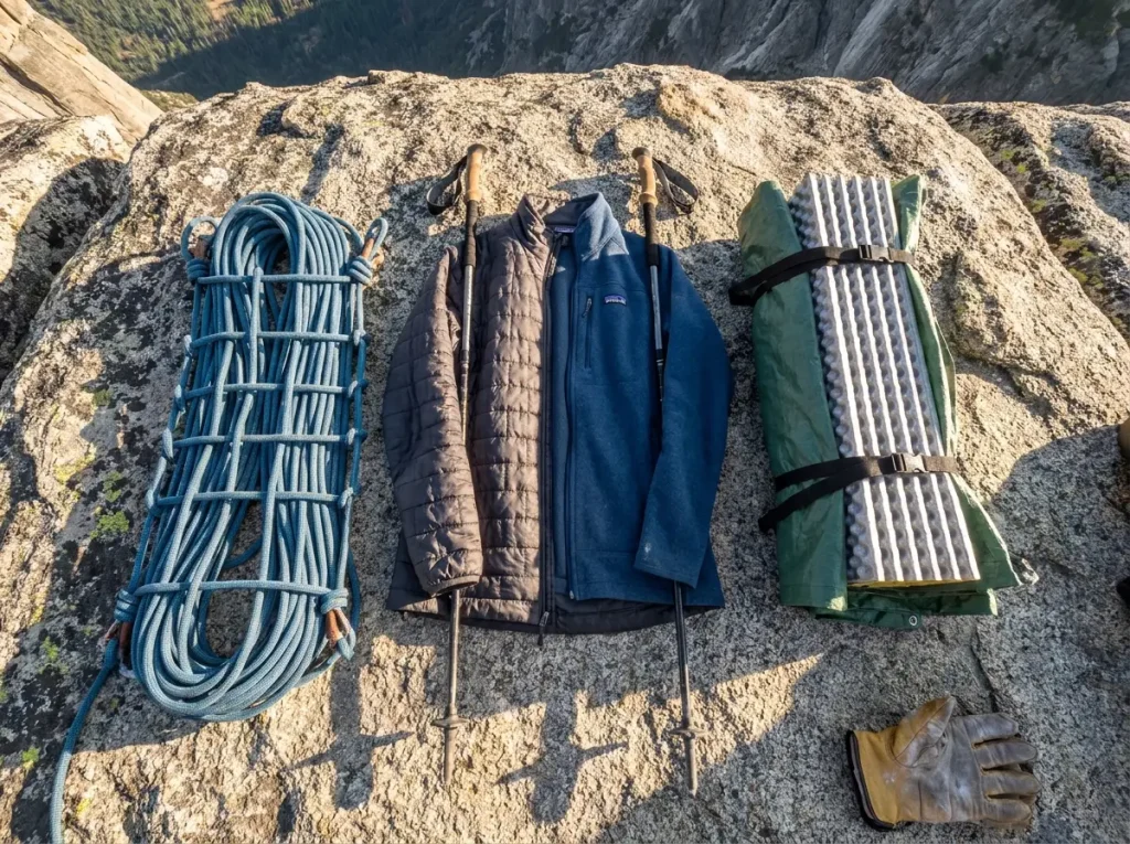Three improvised stretcher options laid out on granite — rope litter, jacket stretcher, sleeping pad system