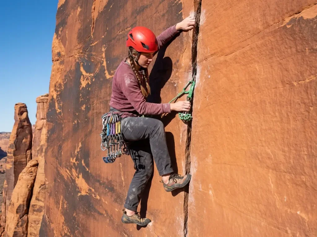 Climber placing trad gear in perfect splitter crack at Indian Creek Utah in winter