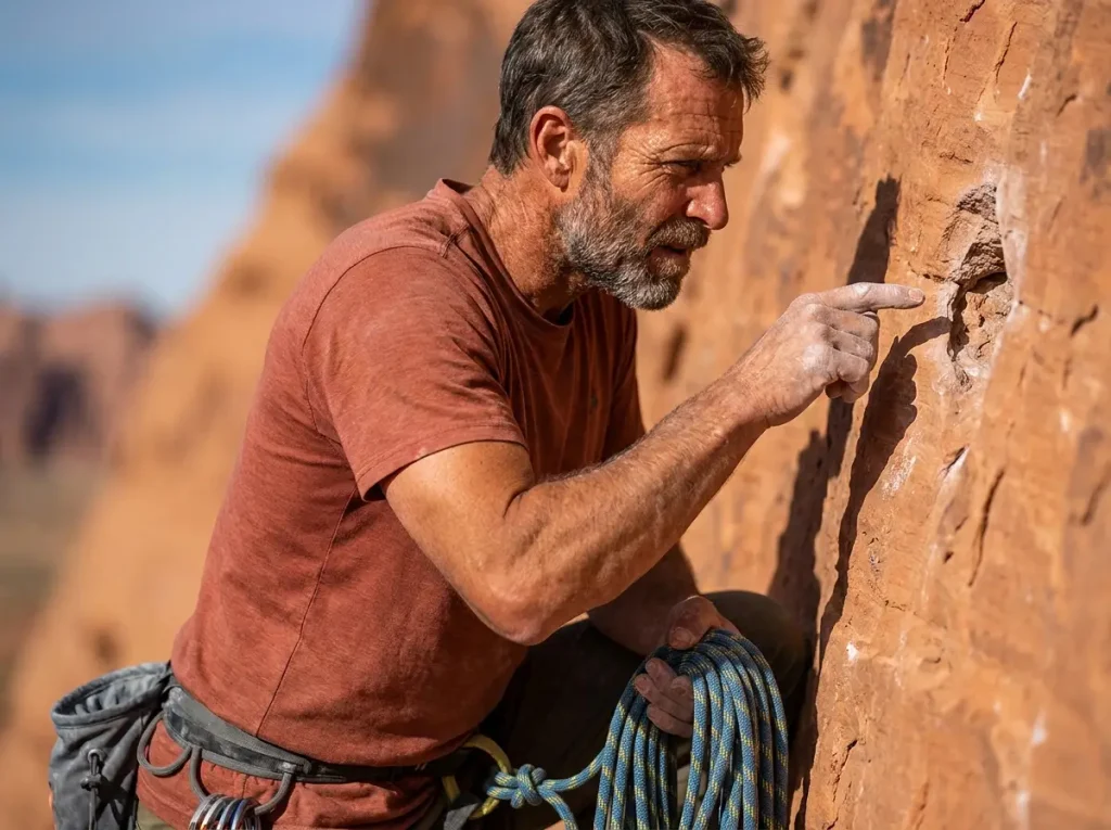 Climber thoroughly inspecting sandstone wall before bolting