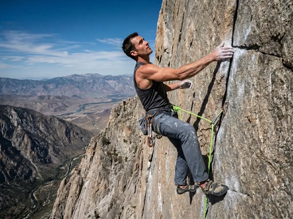 Climber gripping a small crimp utilizing full body kinetic chain strength.