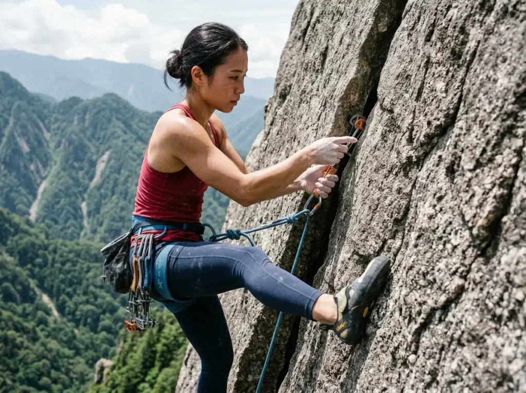 Climber placing a Totem Cam and smearing Vibram rubber on a flared granite crack at Mt Mizugaki
