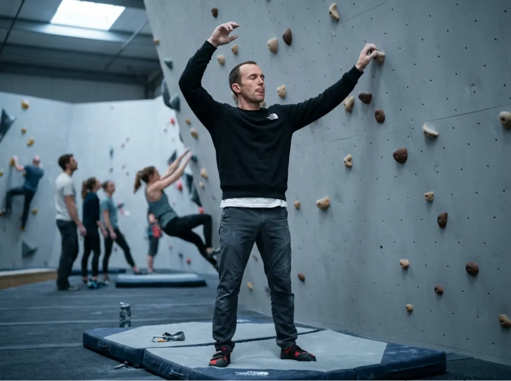 Climber kinesthetically rehearsing a route sequence on the ground before touching the wall