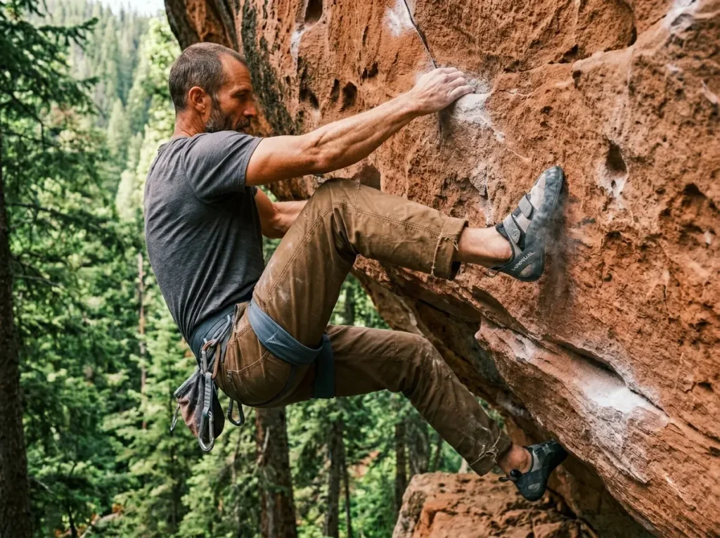 Rock climber pushing with leg and pulling with hips