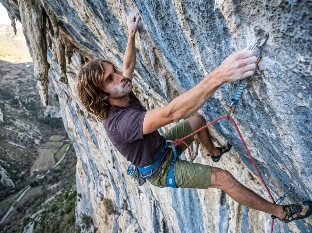 Climber clipping high on a hard limestone line, the kind of landmark send that rewrote climbing