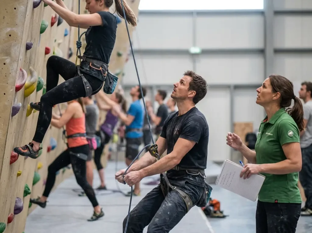 Two belayers practicing catch drills on a low route with a climbing coach observing technique
