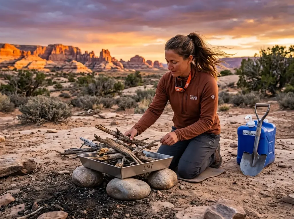Wilderness guide demonstrating legitimate low-impact campfire using an elevated metal fire pan.