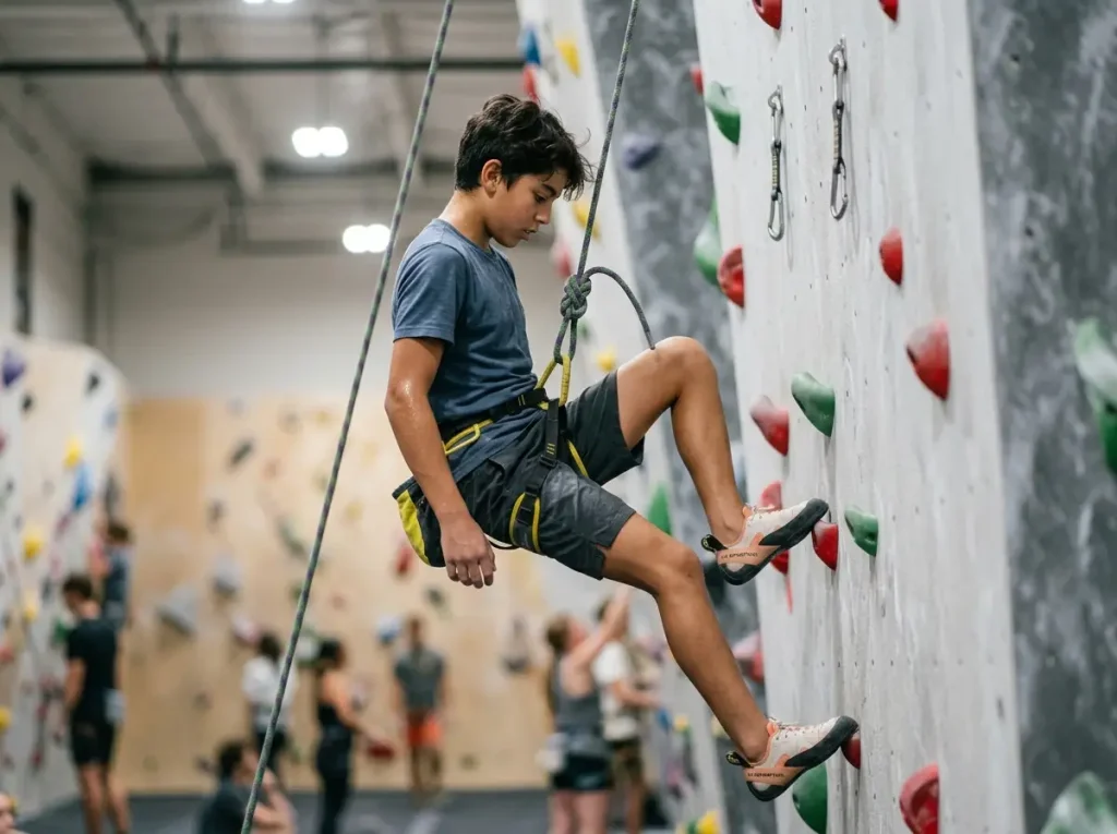 Young climber down-climbing during Lemon-Limes endurance drill on indoor bouldering wall
