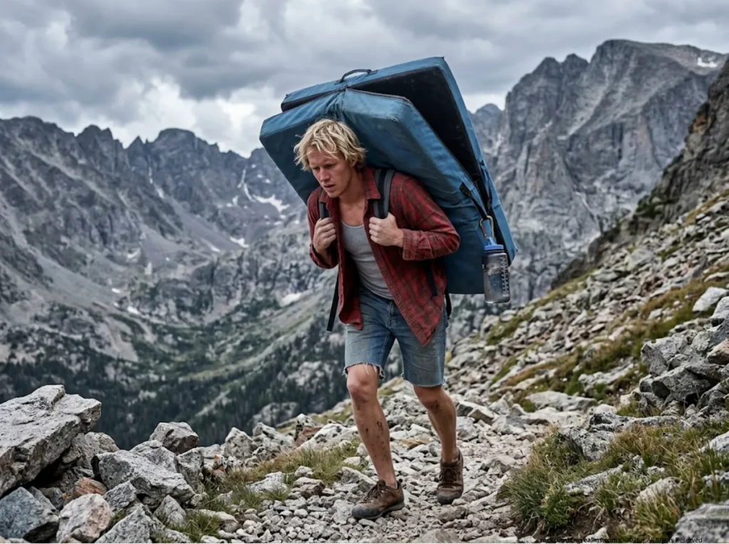 Climber carrying a cheap sagging bouldering pad that has lost its structural integrity