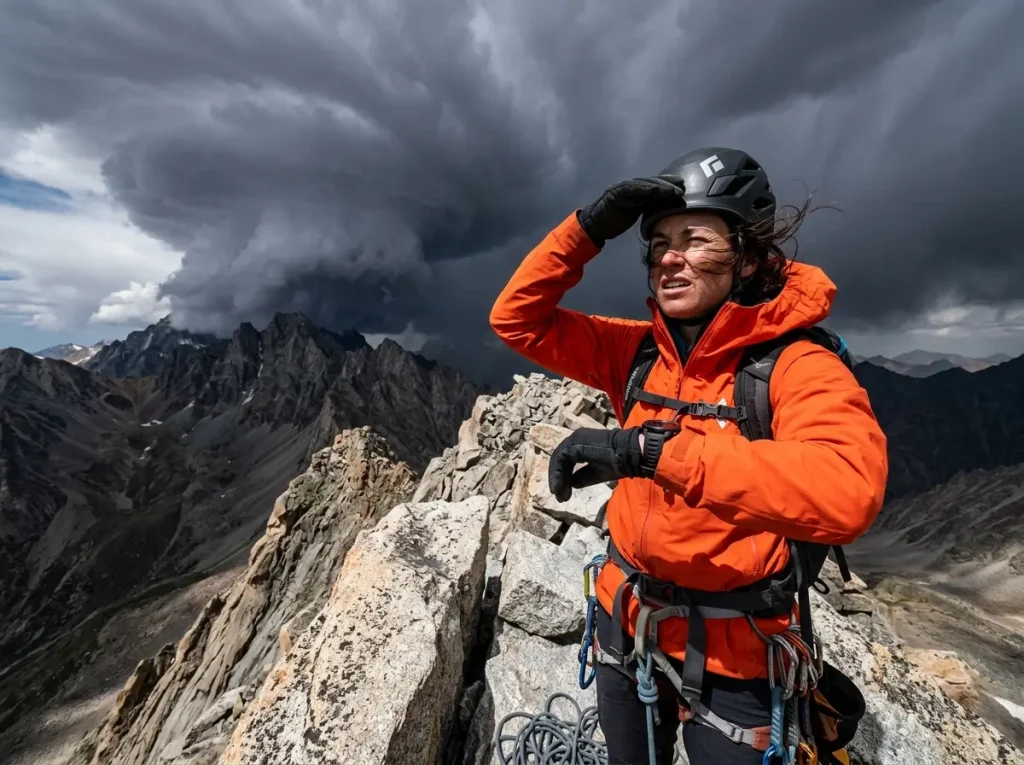 Climber checking weather as storm clouds build on Longs peak keyhole route guide colorado.