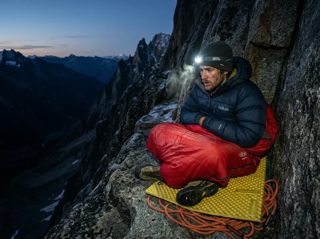 Climber in an emergency bivy sack surviving the night on Longs peak keyhole route guide colorado.