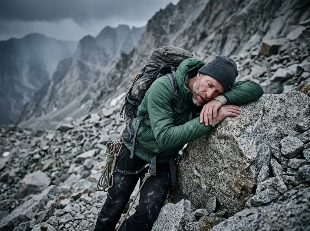 Exhausted climber pausing from hypoxia on Longs peak keyhole route guide colorado.