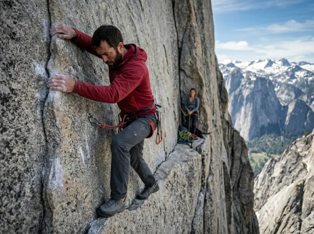 Climbers using three point contact on the exposed Narrows of Longs peak keyhole route guide colorado.