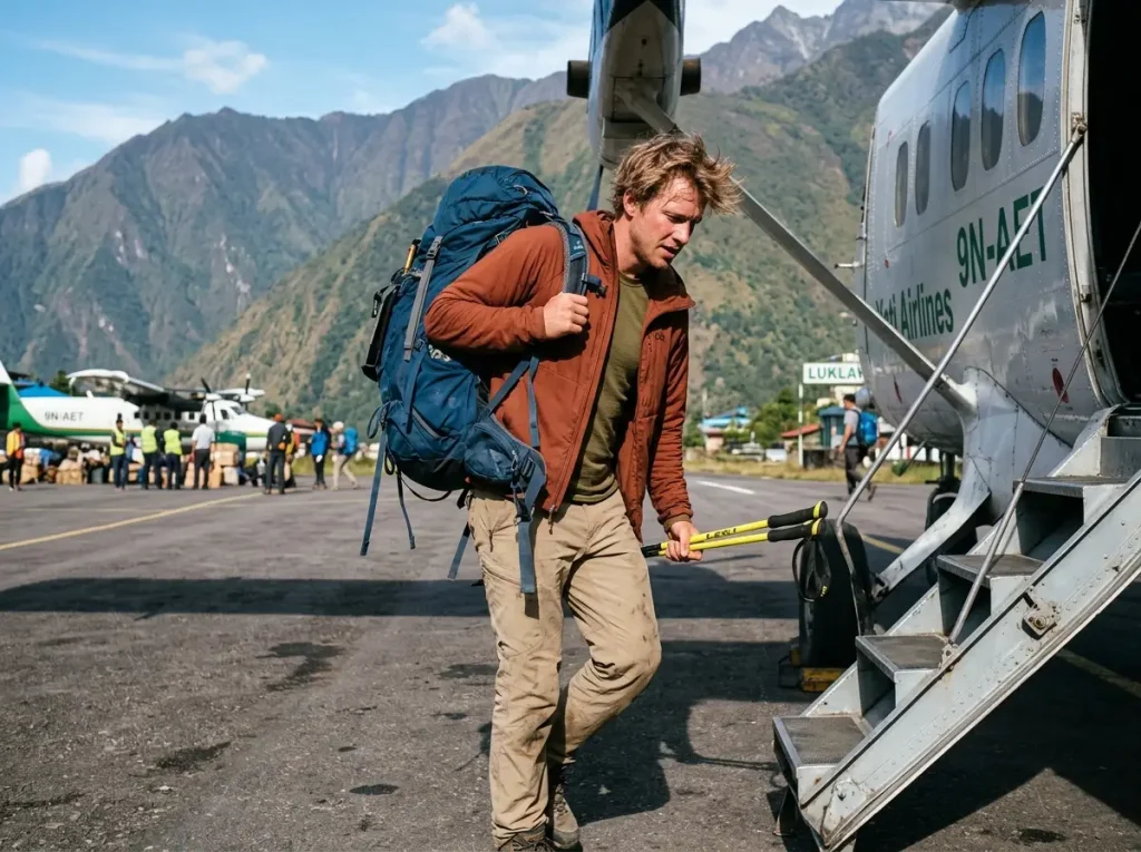Climber carrying Osprey backpack arriving at Lukla airport tarmac