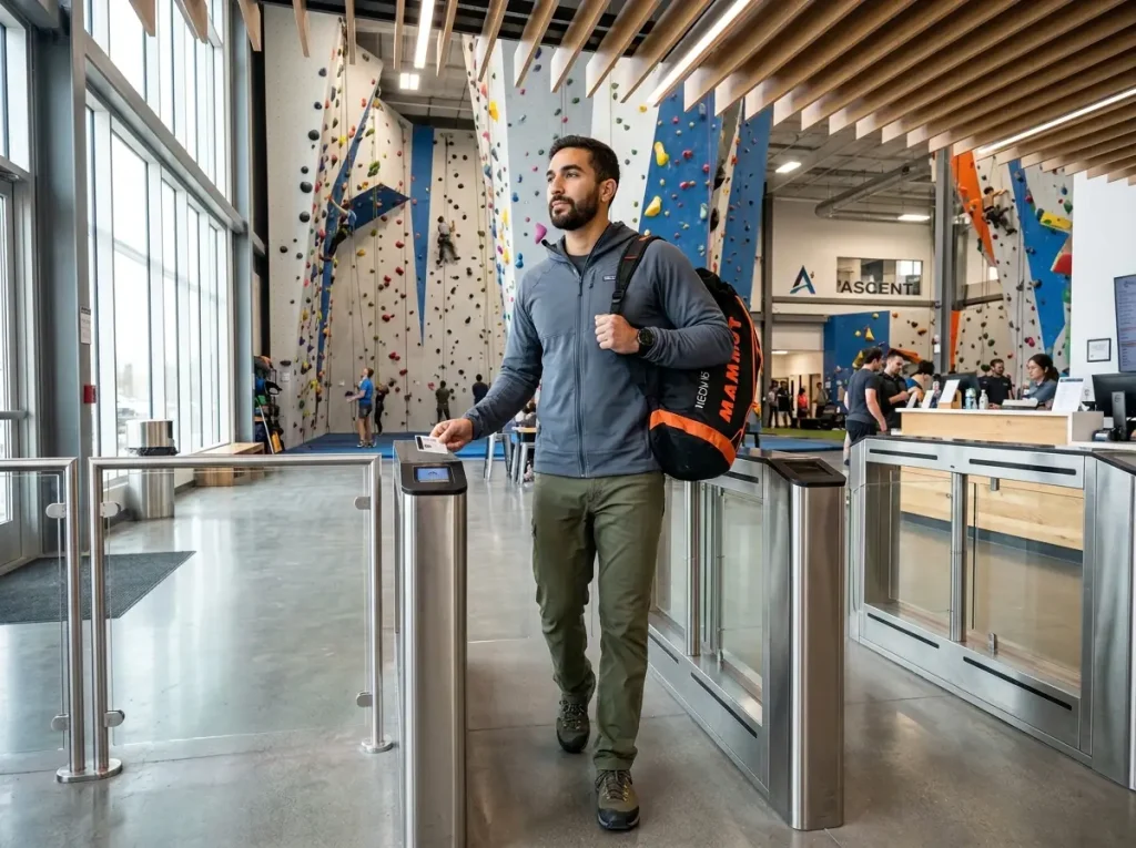 Climber entering a major facility evaluated in this climbing gym membership cost comparison guide.