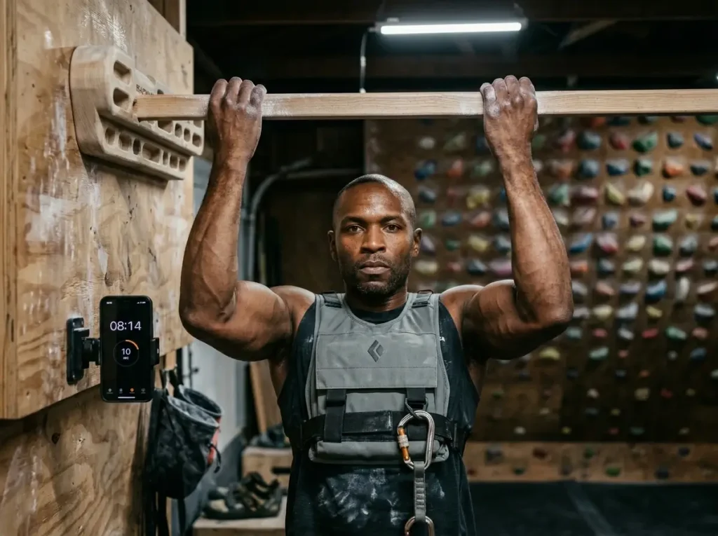 Male climber performing Eva López MaxHang with weight vest on 18mm edge for bouldering strength training